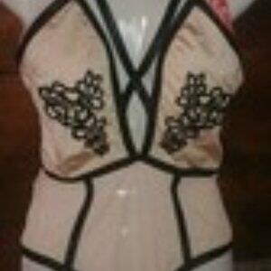 JUAN UC SIZE MEDIUM BODY SUIT NUDE BLACK TRIM & LACE SNAP CROTCH SEXY! NEW